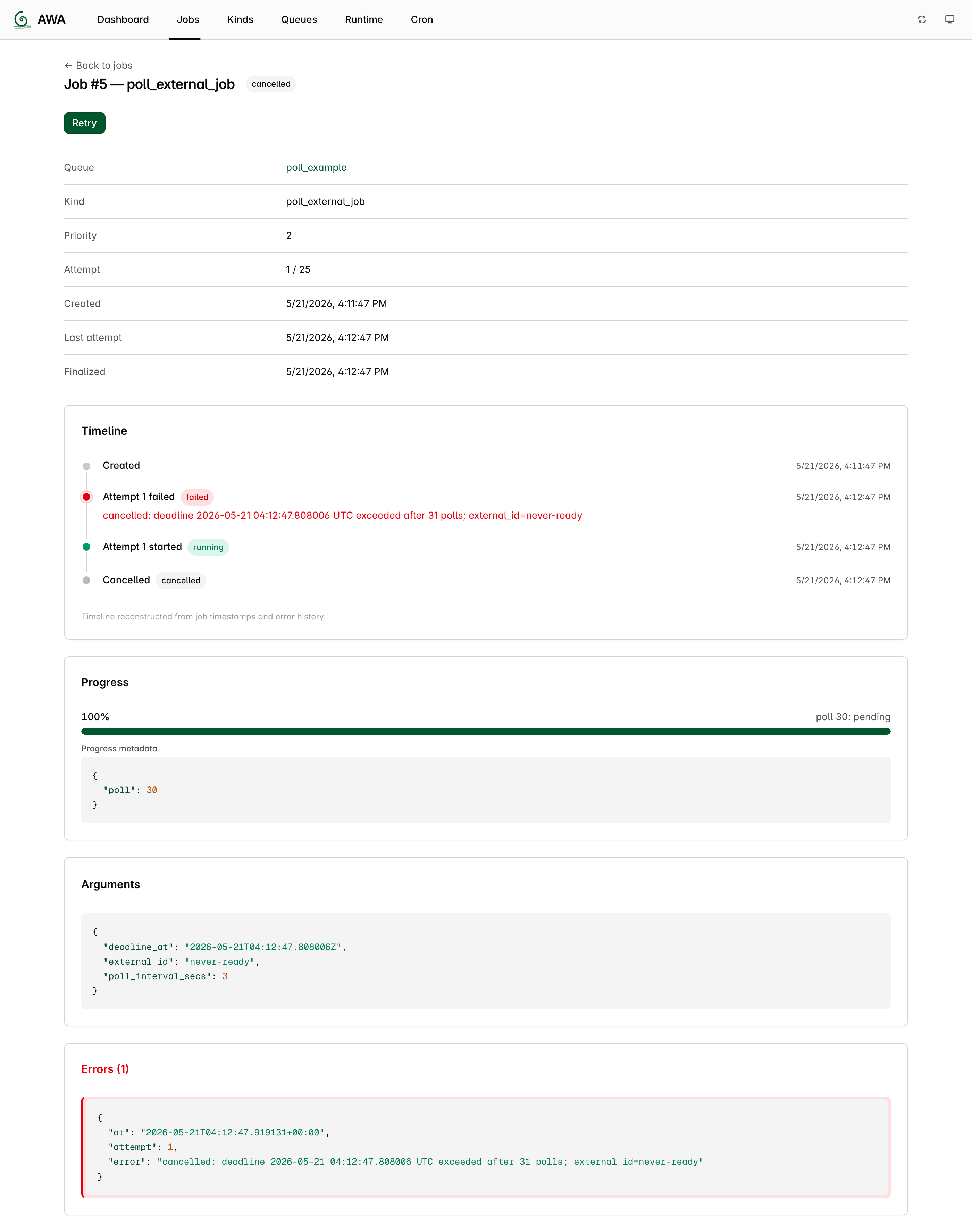 Cancelled job detail with timeline, progress, and arguments